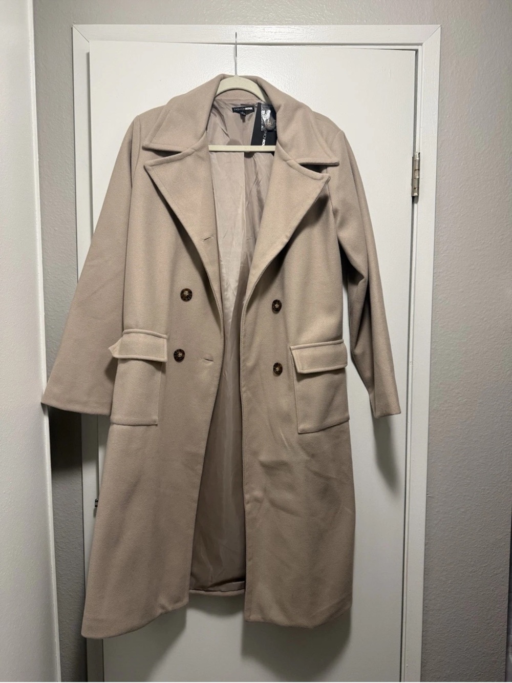 Fashion Nova Beige Double-Breasted Long Trench Coat